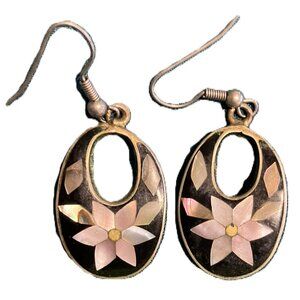 Pink And Black Shell & Alpaca Flower Earrings